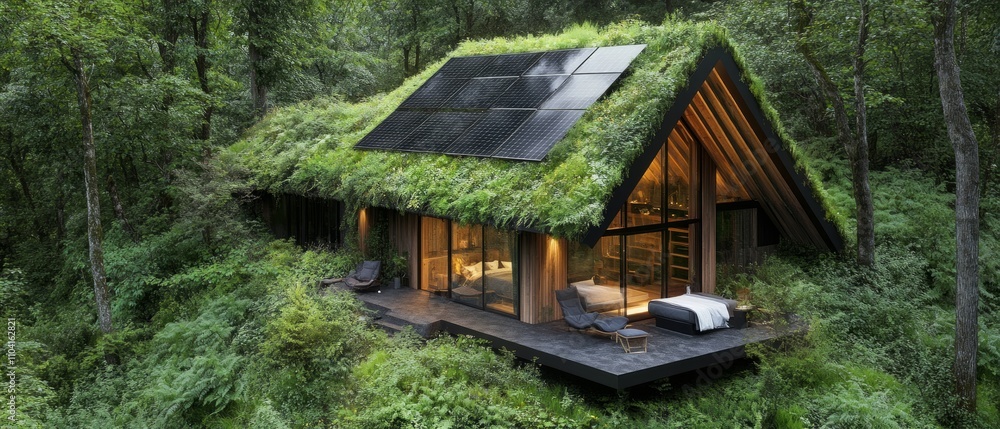 Modern eco house features a green roof, solar panels, and large windows, seamlessly blending with the surrounding forest during daylight Modern eco house features a green roof, solar panels, and large windows, seamlessly blending with the surrounding forest during daylight