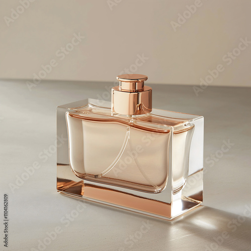 Short, wide rectangular perfume bottle features a thick glass base with a rose gold cap, elegantly displayed on a smooth light gray surface, adding a touch of sophistication photo