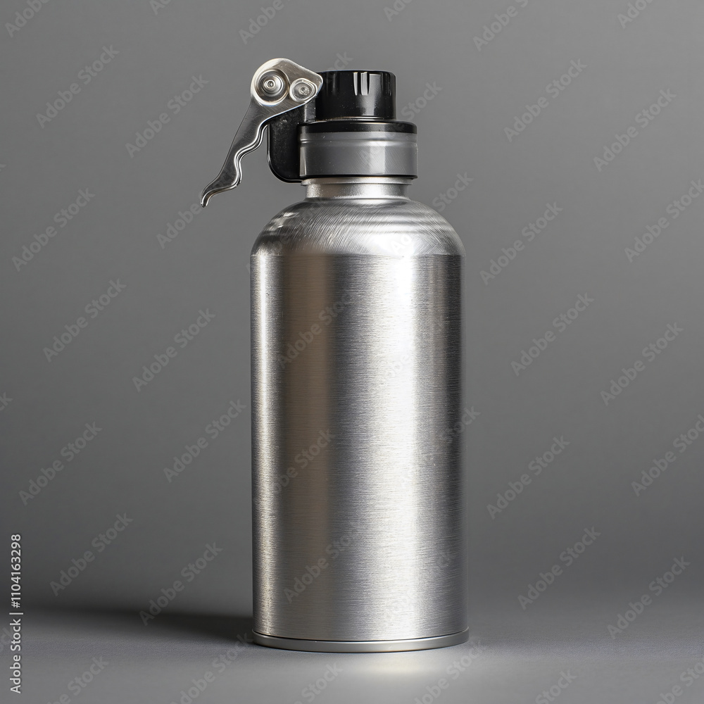 A sleek aerosol can showcases a brushed metallic texture and a matte black nozzle, creating a modern aesthetic against a soft gray backdrop. The subtle shadows enhance its appeal A sleek aerosol can showcases a brushed metallic texture and a matte black nozzle, creating a modern aesthetic against a soft gray backdrop. The subtle shadows enhance its appeal