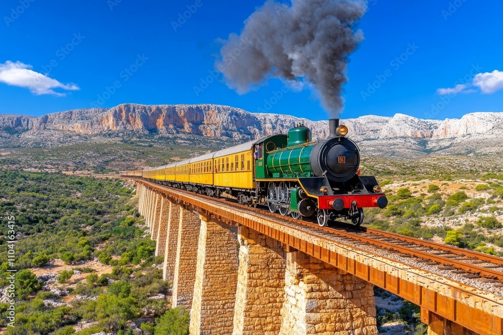 Obraz premium A railway bridge spanning a rocky gorge, with a train passing over it and smoke billowing into the blue sky