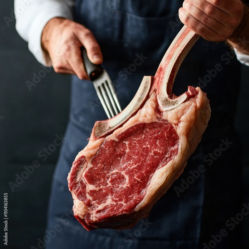 Butcher displaying large tomahawk steak in gourmet butchery culinary art close-up fresh ingredients