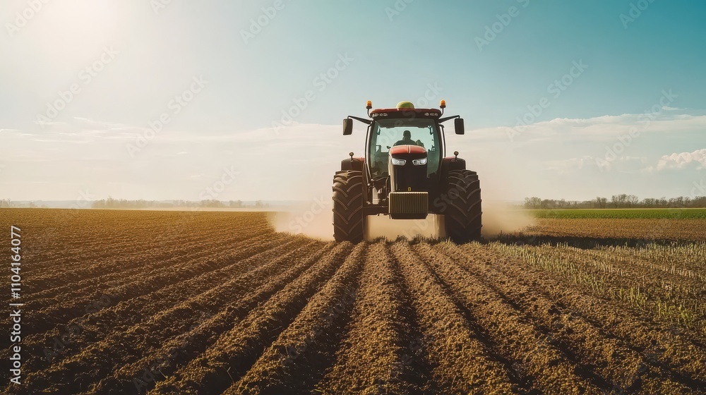 Obraz premium Tractor plowing a field under clear skies at sunset in rural farmland