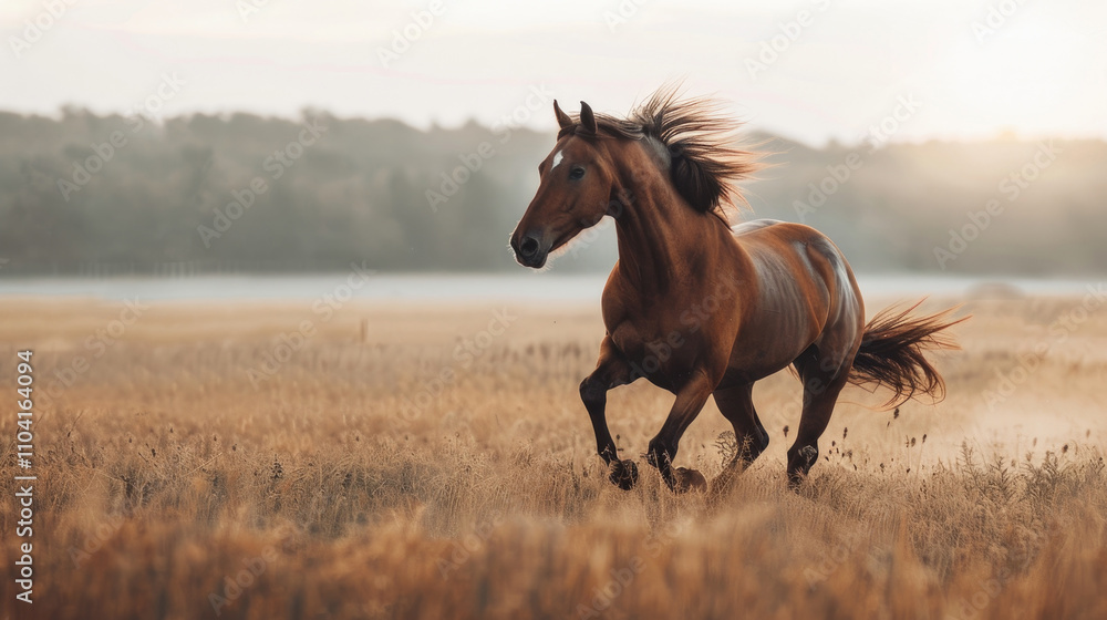 Majestic Brown Horse Galloping Through a Golden Field at Sunrise with Misty Hills in the Background Majestic Brown Horse Galloping Through a Golden Field at Sunrise with Misty Hills in the Background