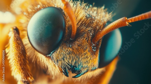 Close-up shot of a bee's face with details on its eyes and mouth, useful for educational or scientific purposes photo