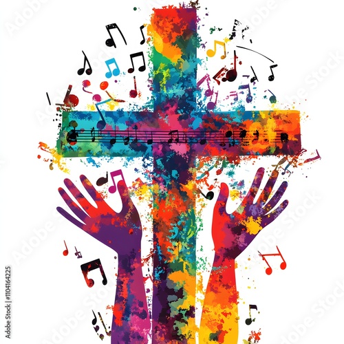Colorful cross with raised hands and musical notes, expressing faith and worship through song.