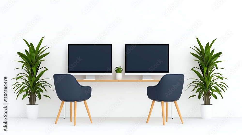 hybrid work flexible mobility Modern workspace with dual monitors and green plants. hybrid work flexible mobility Modern workspace with dual monitors and green plants.