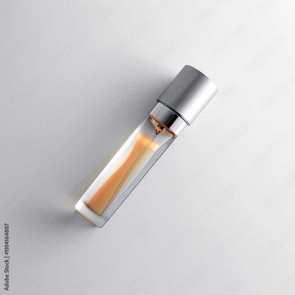 Sleek aluminum perfume spray bottle featuring a minimalistic design and clear liquid inside, elegantly positioned on a simple white background for high contrast and visual appeal Sleek aluminum perfume spray bottle featuring a minimalistic design and clear liquid inside, elegantly positioned on a simple white background for high contrast and visual appeal