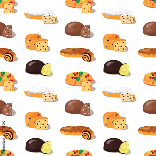 Various Christmas sweet breads flat vector collection. Cartoon cakes seamless pattern