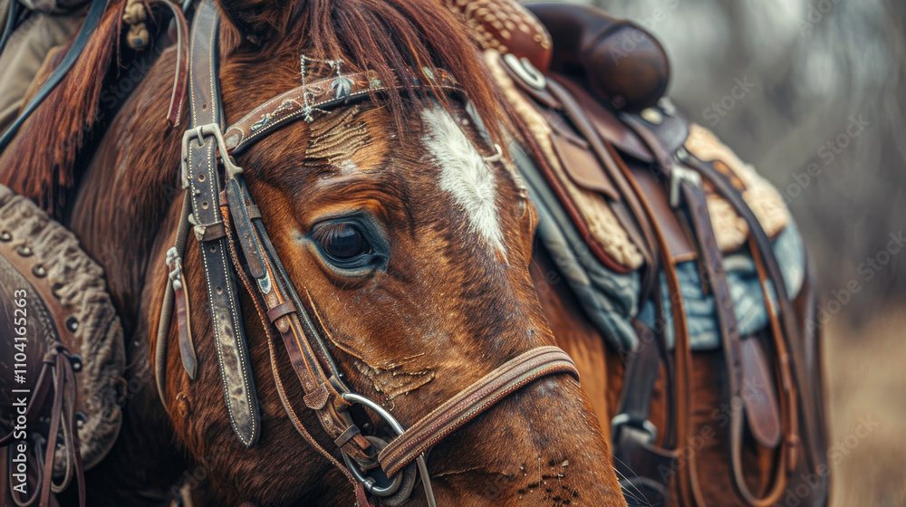 Close-Up of a Saddled Horse with Detailed Leather Tack in a Rustic Outdoor Setting Close-Up of a Saddled Horse with Detailed Leather Tack in a Rustic Outdoor Setting