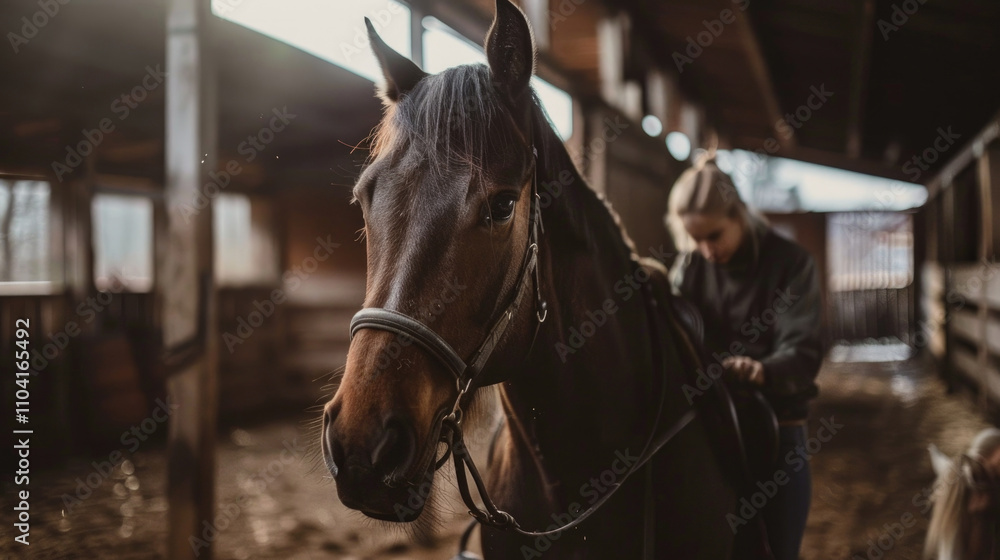 Obraz premium Young Woman Saddling a Horse in a Rustic Stable with Natural Light Streaming Through Wooden Beams