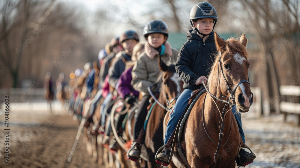 Obraz premium Children Enjoying Horseback Riding in a Scenic Outdoor Setting on a Sunny Day with Trees in the Background
