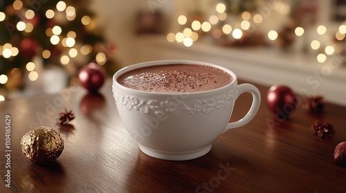 Christmas hot chocolate in a decorative mug, festive holiday ambiance.