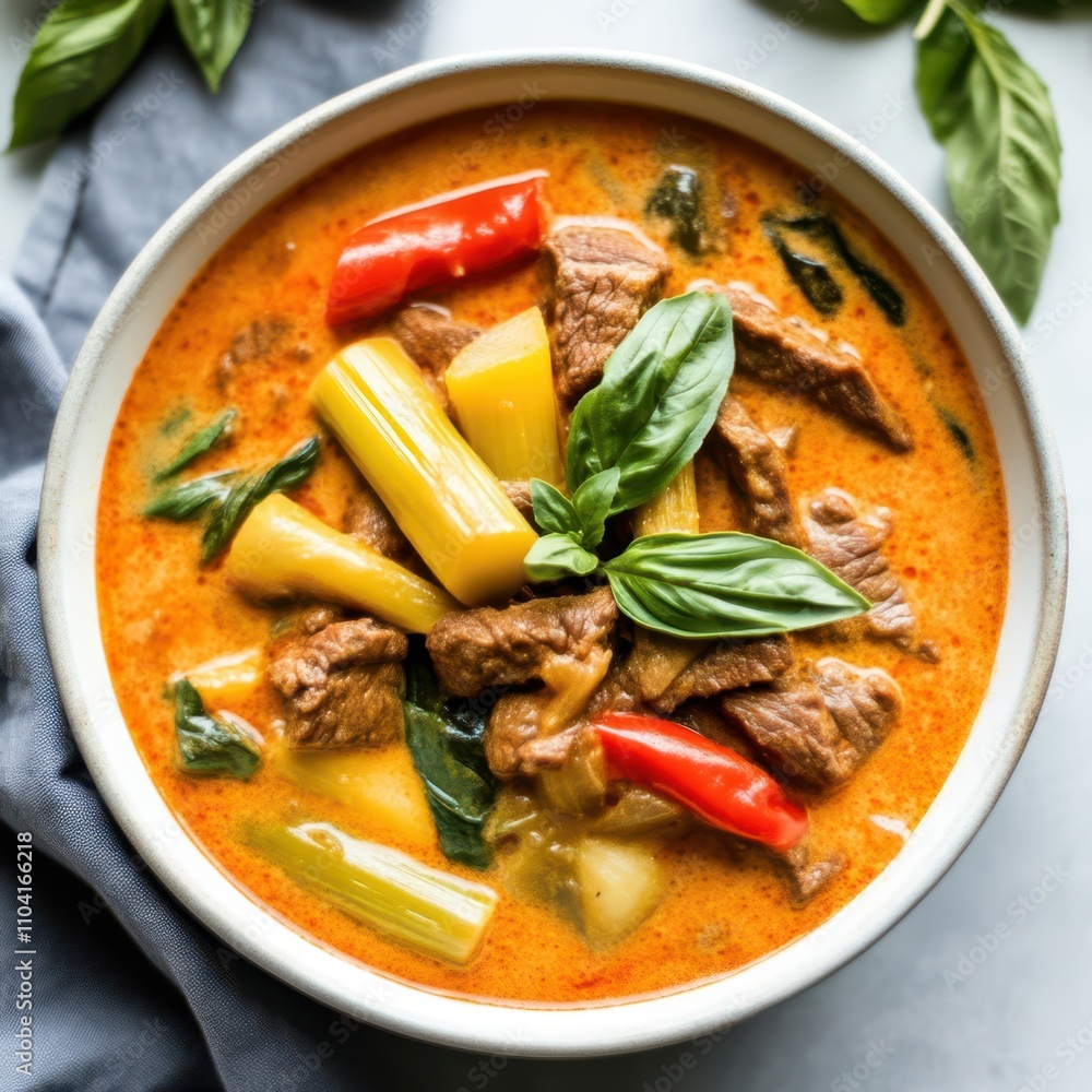A vibrant bowl of Thai red curry with beef, featuring colorful vegetables like bell peppers, bamboo shoots, and basil leaves, served in a creamy coconut sauce. A vibrant bowl of Thai red curry with beef, featuring colorful vegetables like bell peppers, bamboo shoots, and basil leaves, served in a creamy coconut sauce.