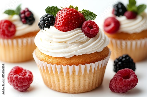 Delicious cupcakes topped with fresh berries and cream, perfect for desserts or celebrations.