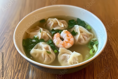 A bowl of dumplings in clear broth, garnished with green onions. One dumpling features a shrimp on top, showcasing its filling. The dish is served in a white bowl on a wooden table.