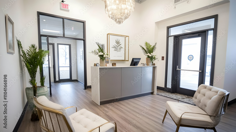 Modern reception area with elegant decor and comfortable seating. Modern reception area with elegant decor and comfortable seating.