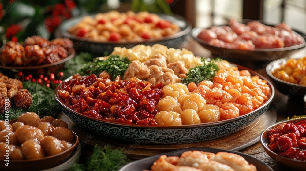 A vibrant and colorful spread of diverse and enticing assorted dishes featuring an array of flavors and cuisines showcased on large platters. A vibrant and colorful spread of diverse and enticing assorted dishes featuring an array of flavors and cuisines showcased on large platters.