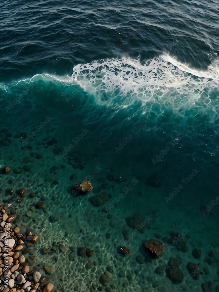Obraz premium Aerial view of ocean surface with stones along the coastline.