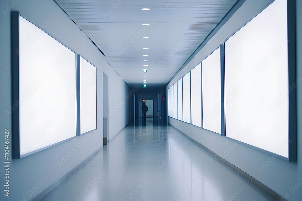 A dimly lit corridor lined with blank light panels, leading to a distant figure and door.