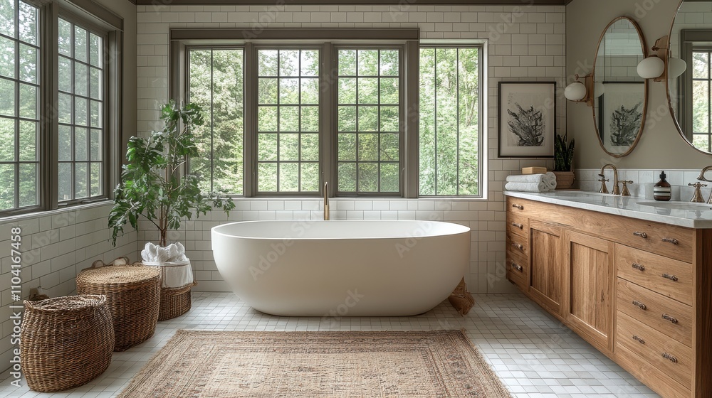 A modern bathroom interior design featuring a sleek freestanding bathtub, elegant wooden cabinetry, and large windows overlooking a serene natural view with lush greenery. A modern bathroom interior design featuring a sleek freestanding bathtub, elegant wooden cabinetry, and large windows overlooking a serene natural view with lush greenery.