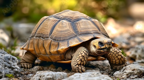 A close-up of a tortoise on rocky terrain, showcasing its unique shell patterns and textures.