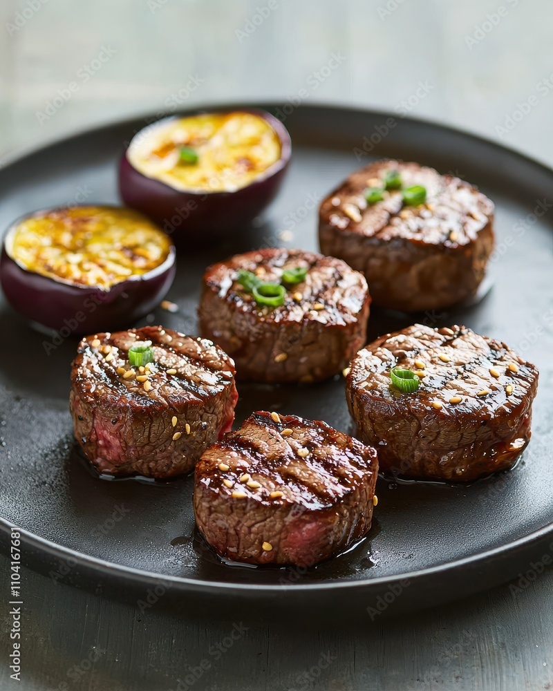 Sizzling wagyu steak bites minimalist tabletop setting gourmet food presentation indoor dining close-up view culinary delight Sizzling wagyu steak bites minimalist tabletop setting gourmet food presentation indoor dining close-up view culinary delight