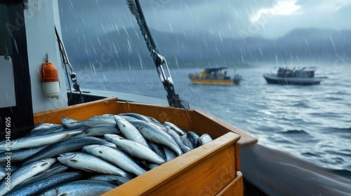 Stormy Seas with Freshly Caught Salmon on Boat Deck photo