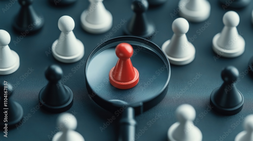 Red pawn under magnifying glass surrounded by black and white pawns on a chessboard representing analysis or focus. Red pawn under magnifying glass surrounded by black and white pawns on a chessboard representing analysis or focus.