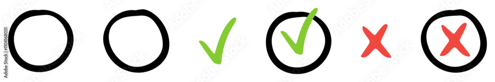 Hand drawn checkmark and X mark icon. Check and uncheck icon vector. Validation icon vector. For apps and websites. Hand drawn checkmark and X mark icon. Check and uncheck icon vector. Validation icon vector. For apps and websites.