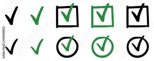 Green and black check mark icon. Checkmark Illustration. Vector symbols set ,green checkmark isolated on white background. Correct vote choise isolated symbol.	