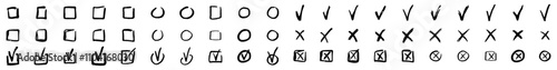 Hand drawn checkmark and X mark icon. Check and uncheck icon vector. Validation icon vector. For apps and websites.	