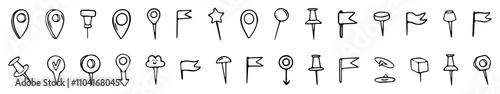 Pins hand drawn doodle set. Hand-drawn set of map pins. Isolated objects on a white background. Vector cartoon doodles. Flags, pins and markers for designation of a location.