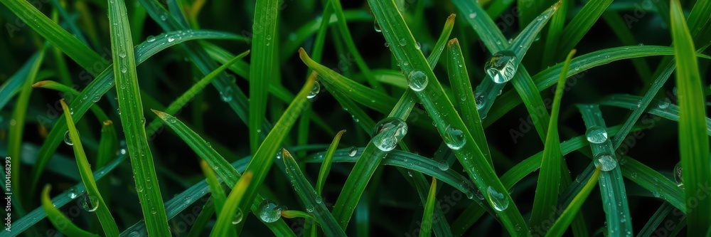 Close-up shot of vibrant green grass with dew drops, macro, outdoor Close-up shot of vibrant green grass with dew drops, macro, outdoor