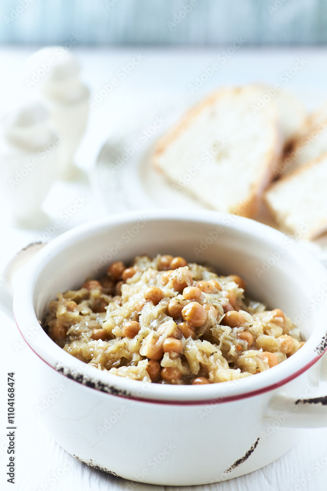 Cabbage with peas. Traditional Polish Christmas Dinner. Bright background. Cabbage with peas. Traditional Polish Christmas Dinner. Bright background.