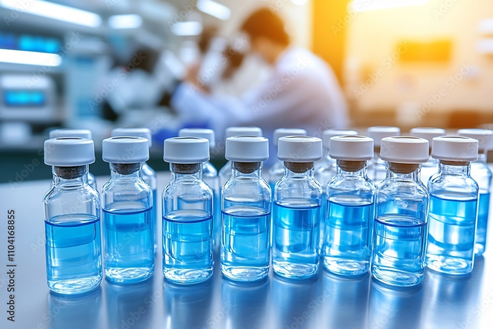 Neatly Arranged Medical Vials on Lab Table with Blurred Scientist Background and Copy Space Neatly Arranged Medical Vials on Lab Table with Blurred Scientist Background and Copy Space