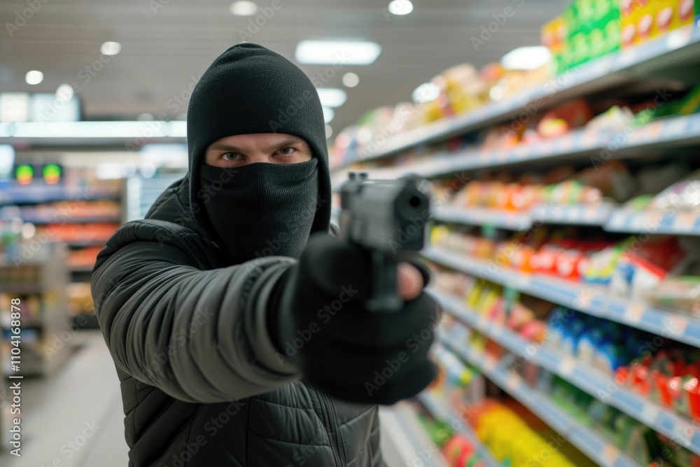 A tense robbery scene with a gunman at a crowded supermarket A tense robbery scene with a gunman at a crowded supermarket