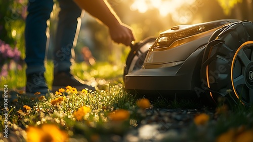 A close-up of a man adjusting the ergonomic handle of a state-of-the-art lawn mower, the polished design highlighted by bright sunlight, grass blades and flowers softly visible in the background,