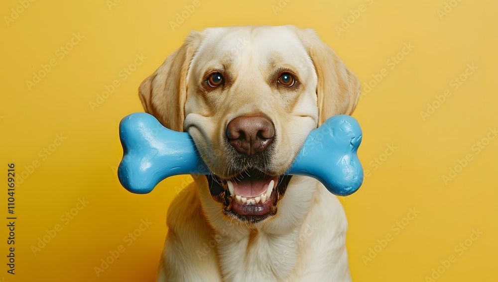 Adorable yellow Labrador Retriever puppy playfully holding a blue bone toy against a vibrant yellow backdrop. Pure joy! Adorable yellow Labrador Retriever puppy playfully holding a blue bone toy against a vibrant yellow backdrop. Pure joy!