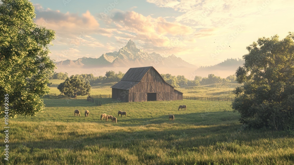 Majestic Horses Grazing in Sunlit Pasture by Barn - Ultra-Detailed Photorealistic Scene Majestic Horses Grazing in Sunlit Pasture by Barn - Ultra-Detailed Photorealistic Scene