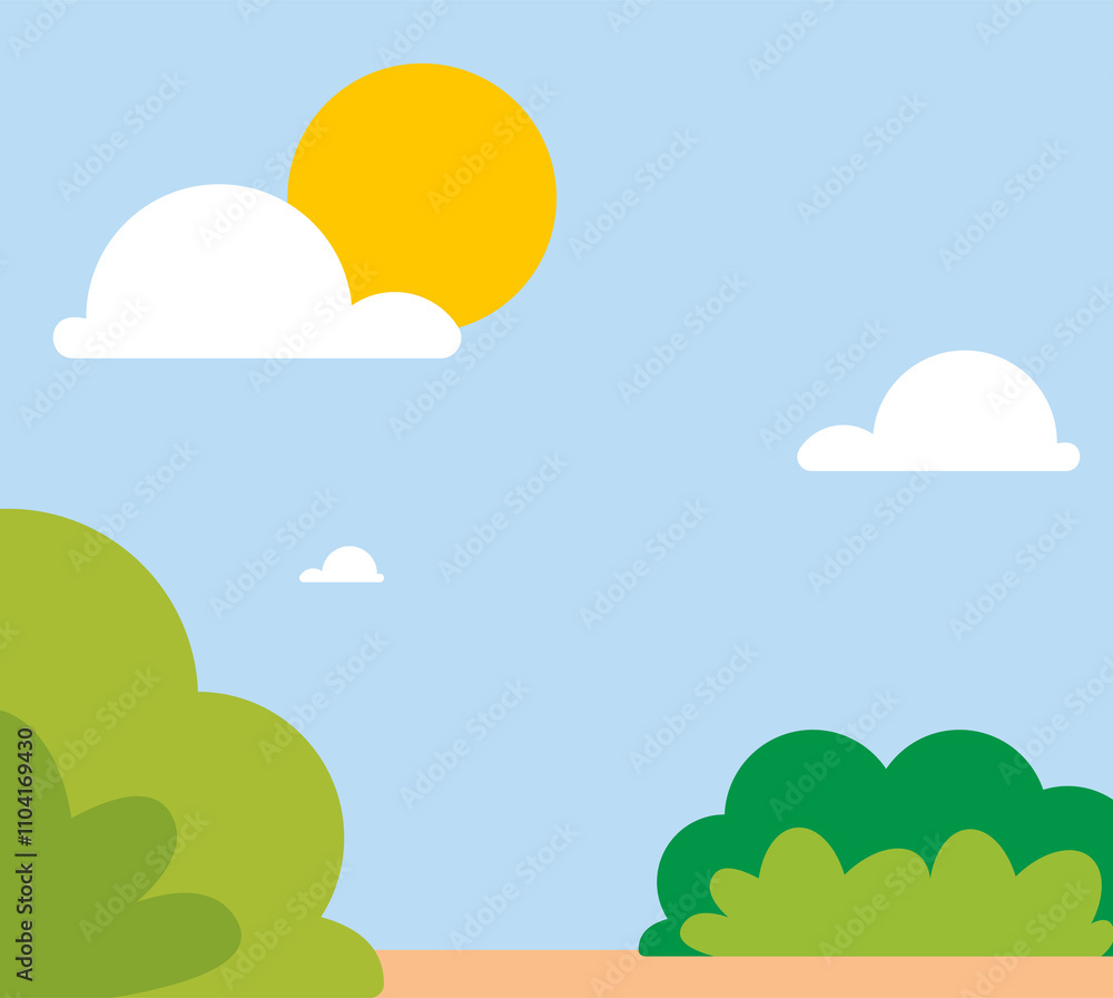 Illustration of a sunny outdoor scene with green bushes and a large yellow sun in a light blue sky with white clouds.
Illustration of a sunny outdoor scene with green bushes and a large yellow sun in a light blue sky with white clouds.