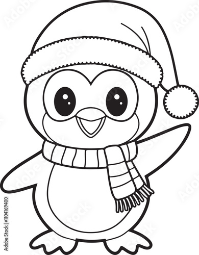 A cute penguin wearing a Santa hat and scarf, waving cheerfully silhouette style vector illustration, penguin vector with Santa hat