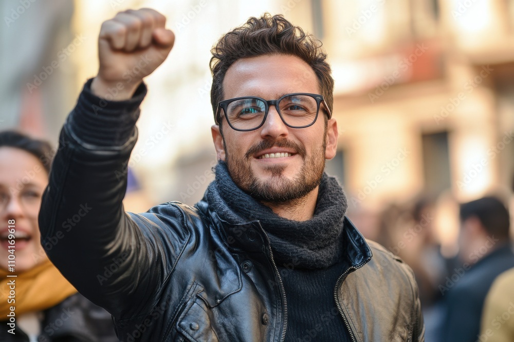Confident man raising his fist during a street protest, symbolizing activism, peace, and social justice advocacy. Confident man raising his fist during a street protest, symbolizing activism, peace, and social justice advocacy.