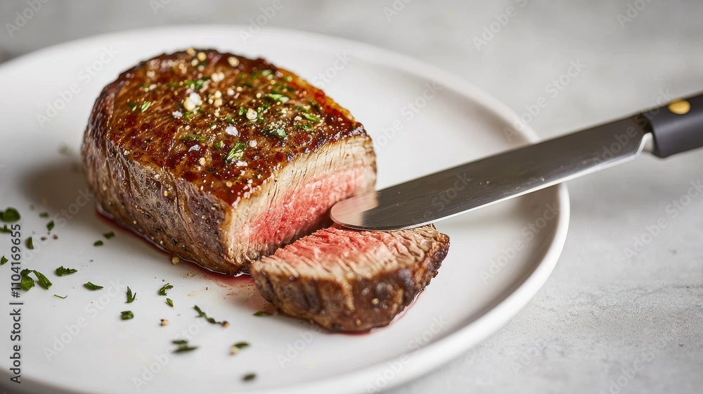 Slicing medium-rare strip loin steak gourmet kitchen food elegant setting close-up culinary art Slicing medium-rare strip loin steak gourmet kitchen food elegant setting close-up culinary art