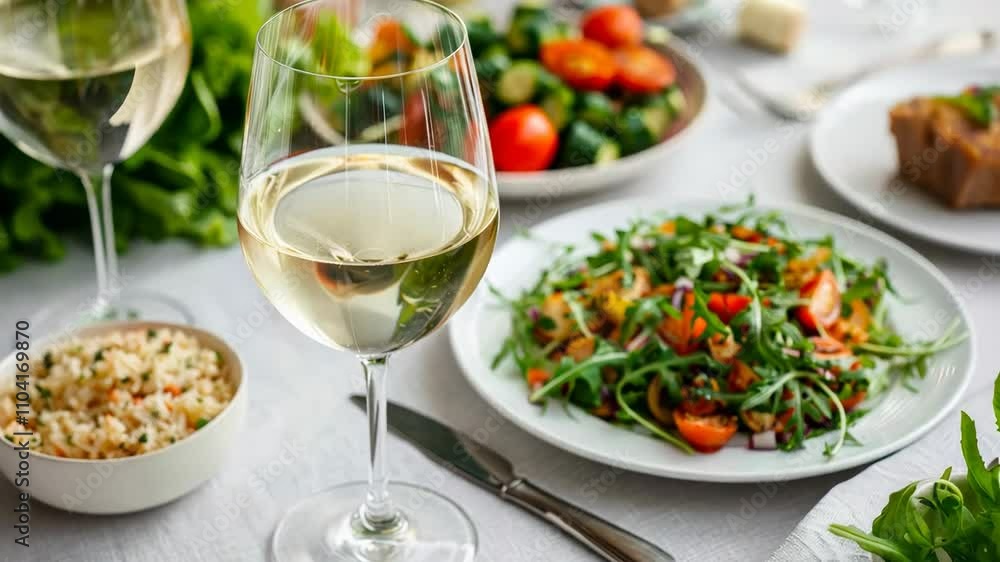 A table set with a vibrant salad, glass of white wine, and gourmet steak dinner, ideal for Easter or anniversary celebrations A table set with a vibrant salad, glass of white wine, and gourmet steak dinner, ideal for Easter or anniversary celebrations
