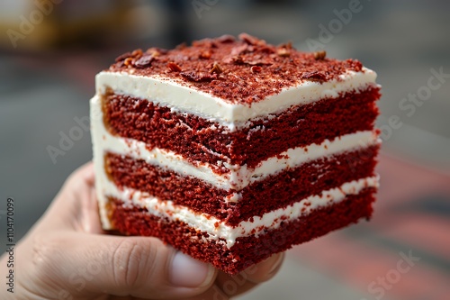 A hand holding a slice of red velvet cake with cream cheese frosting.