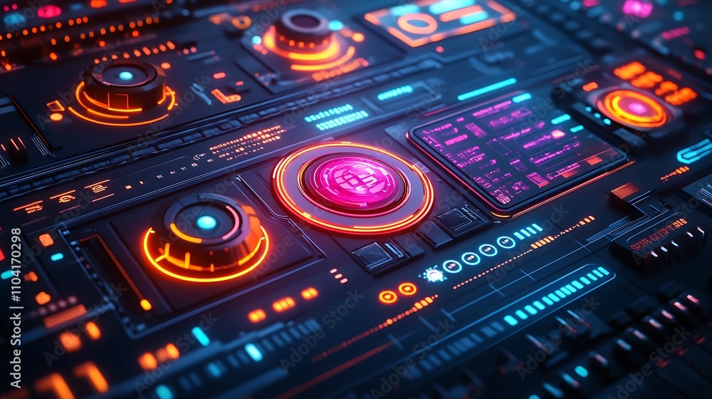 Fototapeta premium Futuristic control panel with glowing buttons and screens, suggesting advanced technology.