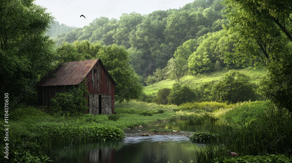 Serene Countryside Landscape with Weathered Red Barn and Lush Green Hills - Ultra-Detailed Photorealistic Scene with Tranquil Stream and Birds Chirping Serene Countryside Landscape with Weathered Red Barn and Lush Green Hills - Ultra-Detailed Photorealistic Scene with Tranquil Stream and Birds Chirping