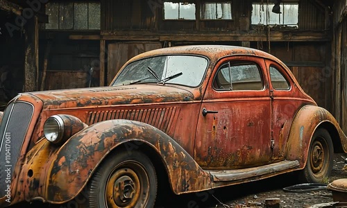 An old, rusty car sits abandoned in a dilapidated garage, showcasing decay and nostalgia.