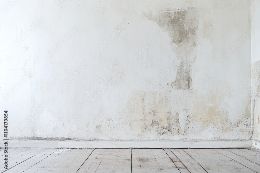 Fototapeta premium A white wall with a gray patch of mold, and wooden floorboards.