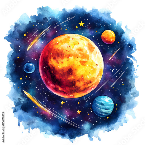 Colorful Galaxy with Planets and Shooting Stars